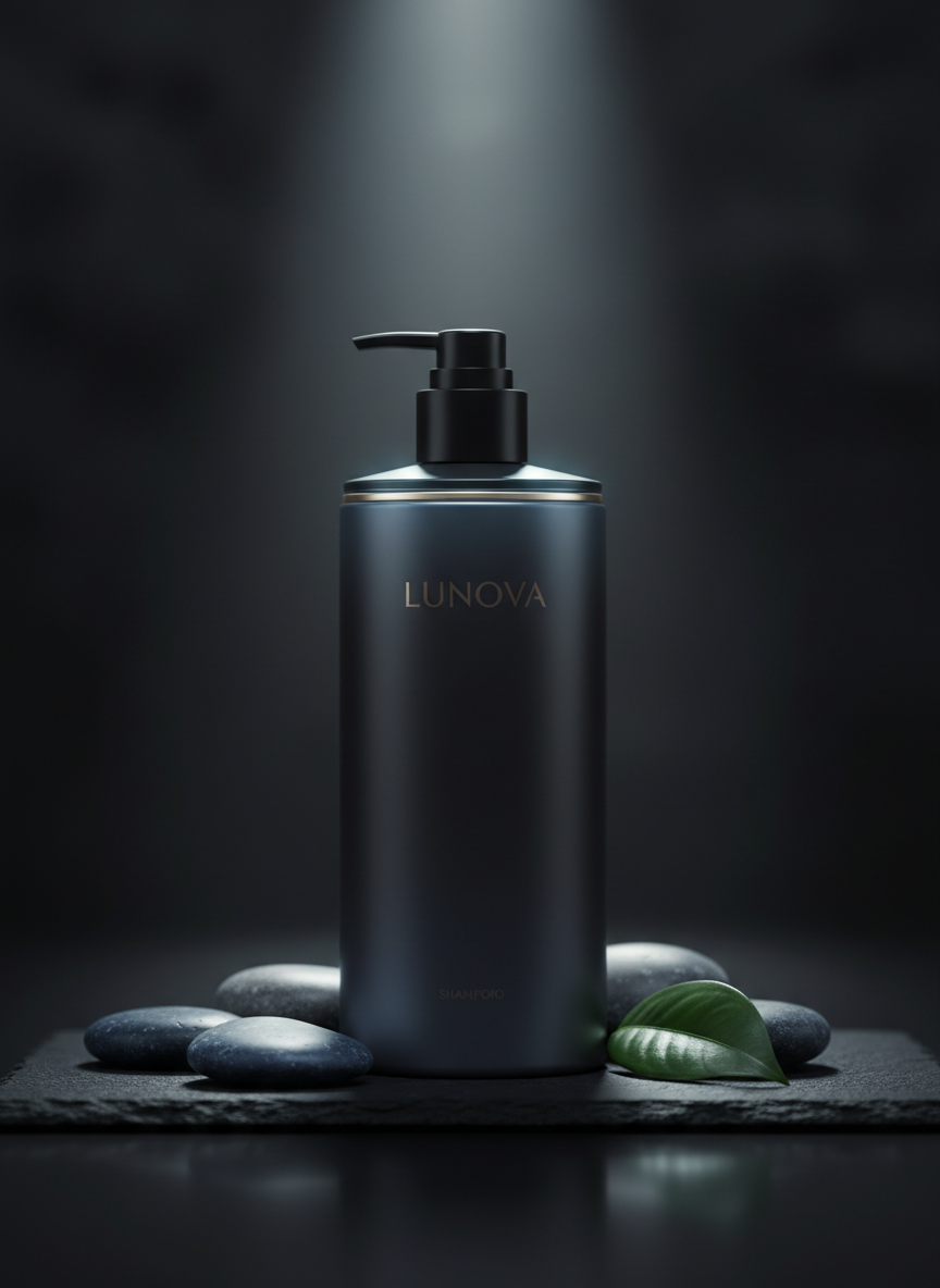 A luxurious LUNOVA shampoo bottle shaped like a sleek cylinder with tapered shoulders, finished in deep charcoal with a satin sheen and a matte black pump. The bottle rests on a polished black stone slab, surrounded by a few scattered smooth river stones and a single dark green leaf, all against a softly blurred dark background. A narrow beam of cool, diffused light from above and slightly behind creates a subtle halo and elegant rim highlights, with gentle reflections on the stone surface. The atmosphere is refined, mysterious, and high-end. Shot from a slightly low angle in photographic realism, centered composition, with shallow depth of field to draw attention exclusively to the product, without any text or human presence.