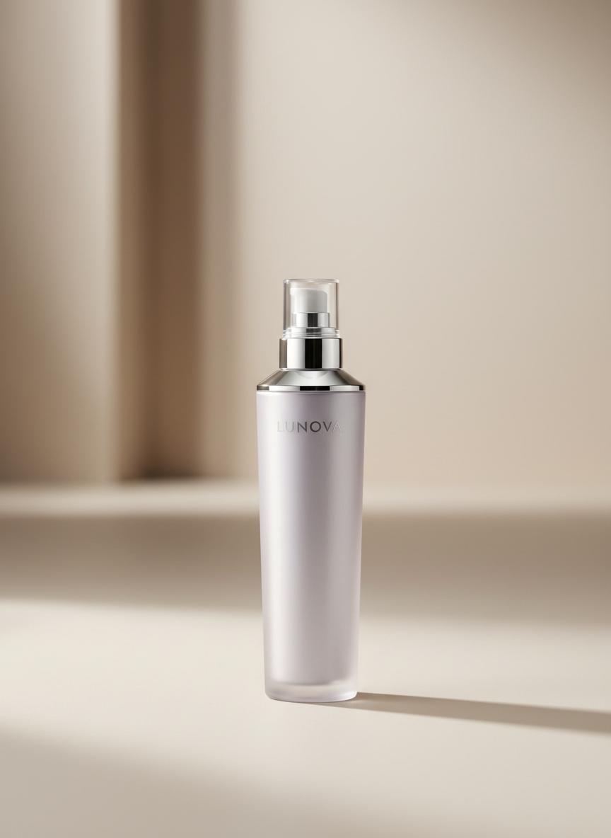 A single elegant LUNOVA shampoo bottle with a tall, slim silhouette and frosted glass-like finish, in a soft pearl-grey tone with subtle metallic accents, standing upright on a seamless light beige surface. The background is gently blurred, suggesting a minimal studio environment with no text or branding visible. Soft diffused studio lighting from the left creates delicate highlights along the bottle’s curves and a refined shadow to the right. The mood is sophisticated and calm, emphasizing purity and restraint. Captured at eye level with a slightly off-center, rule-of-thirds composition and shallow depth of field, in clean photographic realism suited for a luxury haircare brand’s coming soon page.